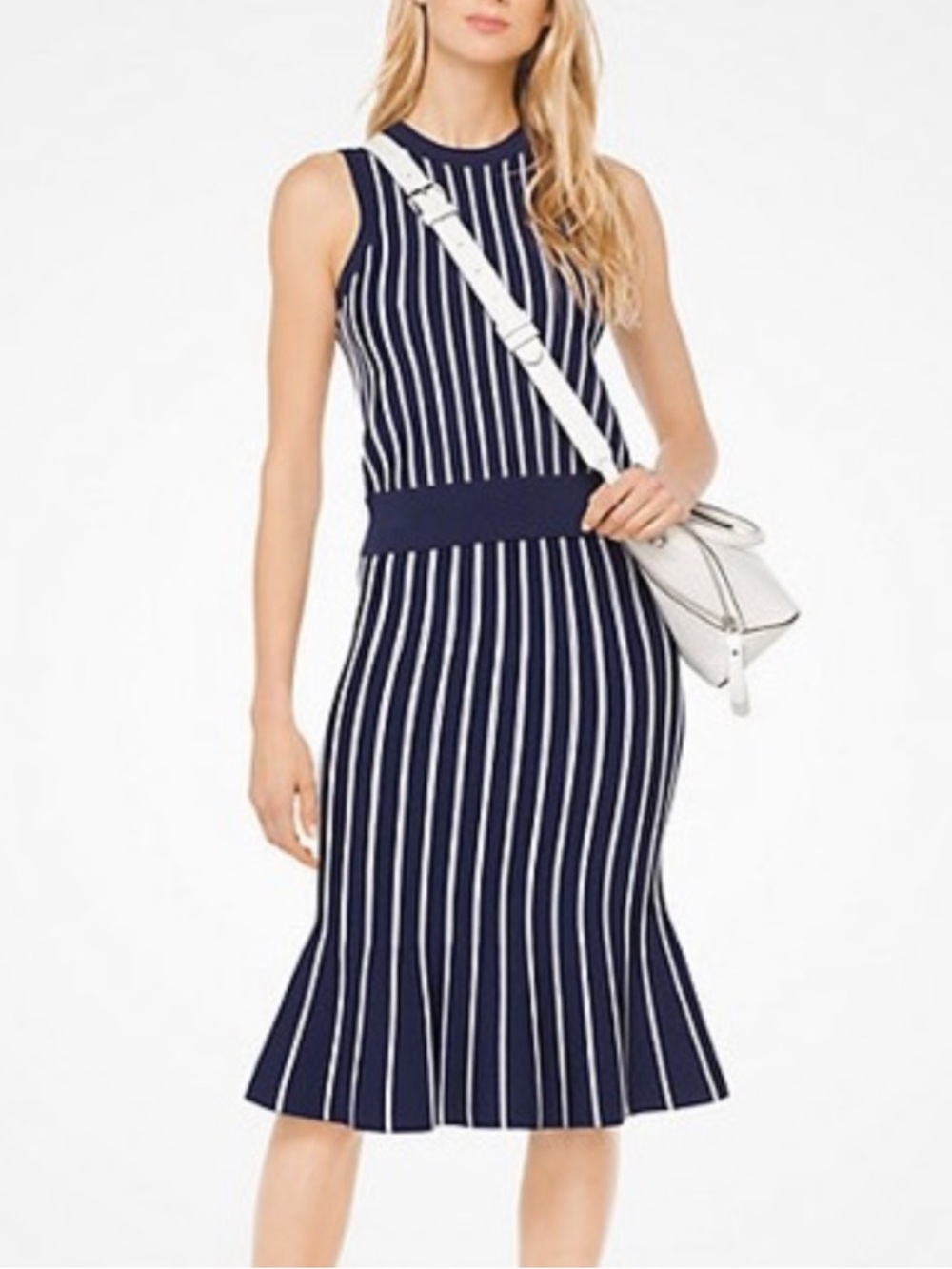 Michael Kors Navy and White Striped Knit Skirt and Shirt Set
